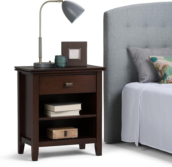 SIMPLIHOME Artisan Bedside Table - 24 inch Wide Solid Wood Nightstand Table in Russet Brown, Transitional Bedroom Side or End Table with 1 Drawer and Open Shelf Storage - Image 3