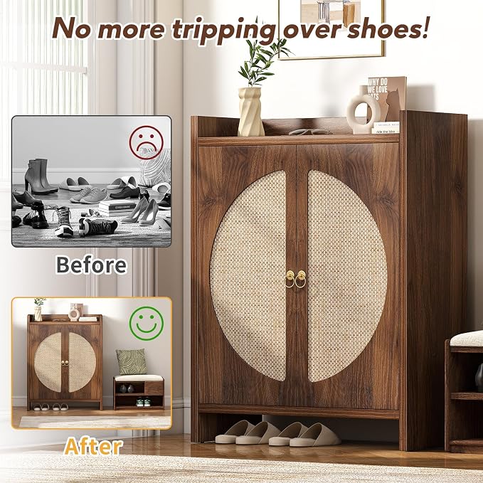 Shoe Cabinet Storage for Entryway - Rattan Entry Way Shoe Storage Cabinet with Adjustable Shelves, Wood Shoe Organizer Cabinet, Accent Cabinet with Doors for Entrance Hallway Living Room Foyer - Image 7