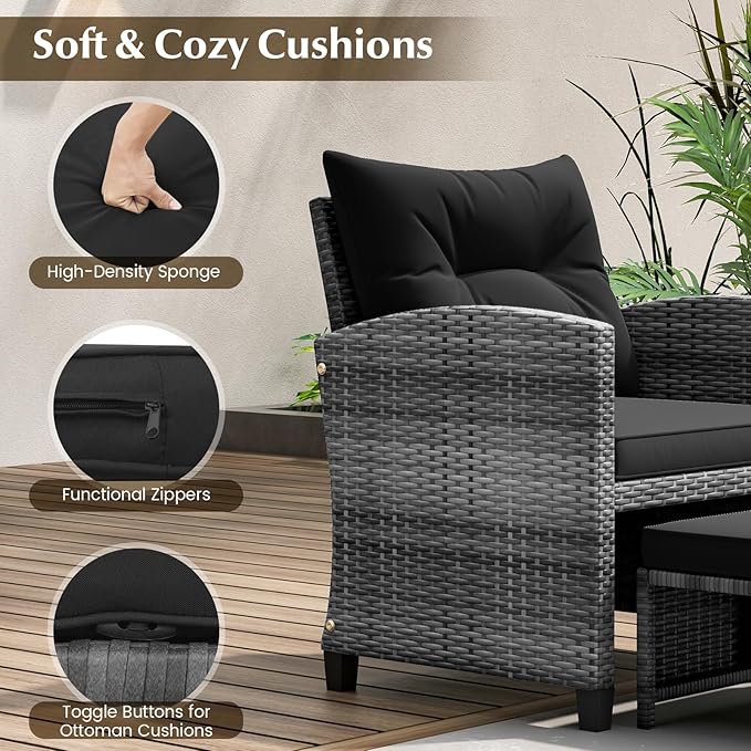 Tangkula 5 Pieces Patio Conversation Set, PE Wicker Rattan Outdoor Furniture Set with 2 Chairs, 2 Ottomans & Tempered Glass Coffee Table, Ideal for Poolside, Backyard, Lawn, Deck, Mix Grey & Black