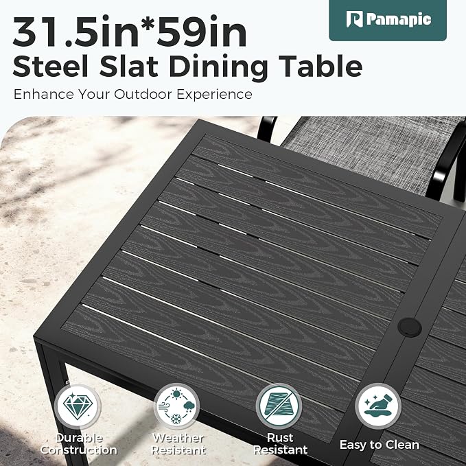 Pamapic Outdoor Dining Sets for 6, Rectangular Steel Slat Table with 6 Textilene Chairs, 7 Piece Patio Table and Chairs Set with Umbrella Hole for Patio, Garden, Backyard and Poolside (Grey) - Image 6