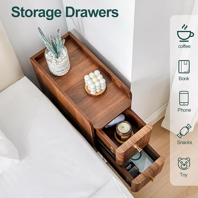 Narrow End Table Bedroom, Wooden Small 2 Drawer Nightstand, Thin Couch Side End Table, Skinny Bedside Table Small Spaces, Mid Century Modern Night Stand with Drawers (Walnut-1 pc) - Image 6