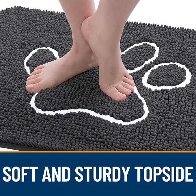 OLANLY Dog Door Mat for Muddy Paws 70x46, Paw Print Design, Absorbs Moisture and Dirt, Absorbent Non-Slip Washable Doormat, Quick Dry Chenille Mud Mat for Dogs, Entry Indoor Entryway Carpet, Dark Grey - Image 4