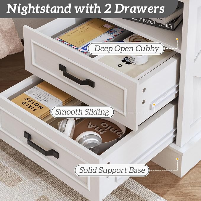 Fluest 24" Tall Farmhouse Nightstand, Night Stand with Fast Charging Station, Beside Tables with Drawers and Open Storage, Rustic End Tables for Bedroom, Antique White - Image 7