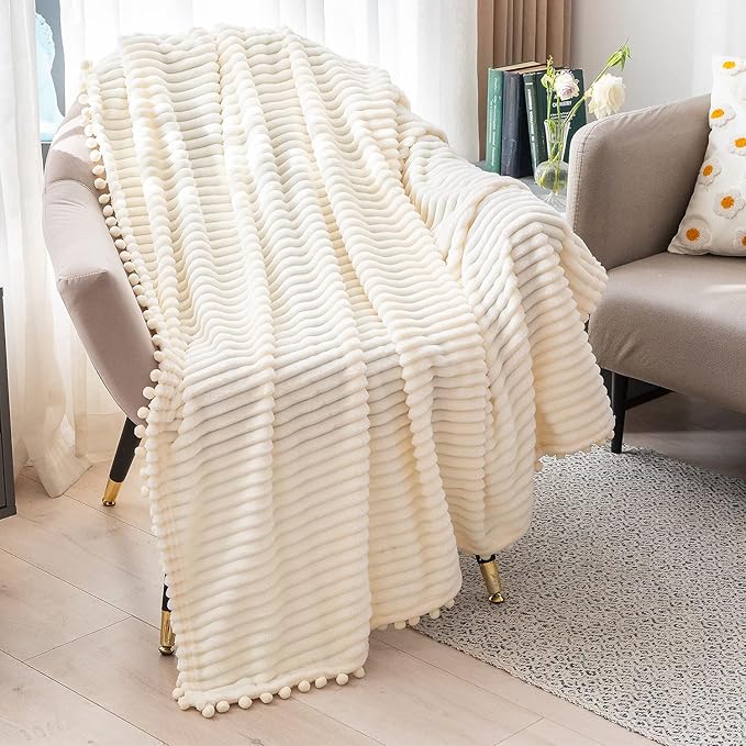 DISSA Fleece Blanket Queen Size – 71x80, Beige - Soft, Plush, Fluffy, Fuzzy, Warm, Cozy – Perfect Throw for Couch, Bed, Sofa - with Pompom Fringe - Flannel Blanket
