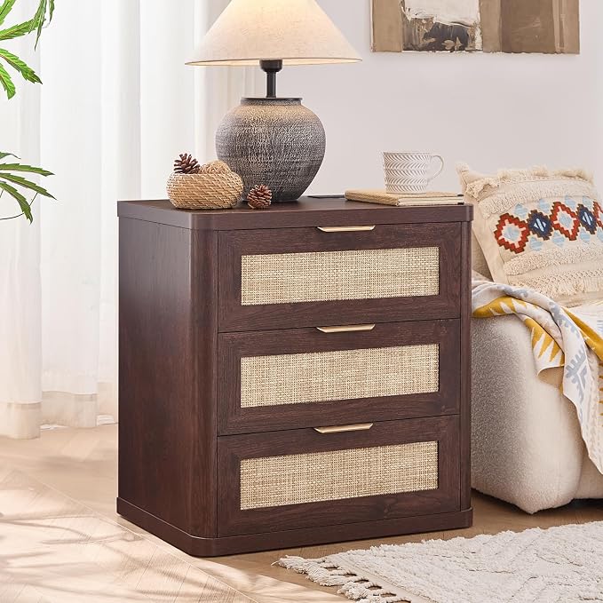 LEYAOYAO Rattan Night Stand with Charger Station, 23" Large 3 Drawer Boho Nightstand, Walnut Bedside Table Storage Cabinet, Bed Side End Tables for Bedroom, Living Room, Hallway - Image 8