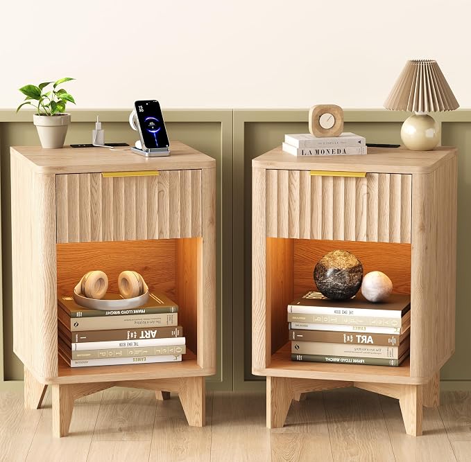 Fluted Nightstand Set of 2, Wooden Night Stand with Charging Station and LED Light, Modern Mid Century End Table with Drawer, Bedside Table for Bedroom, Natural Oak by Zeibospri