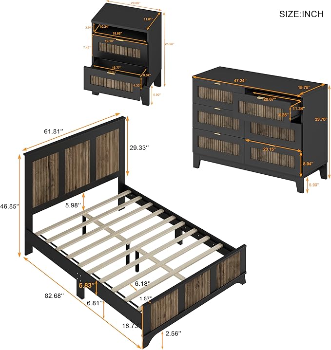Harper & Bright Designs 4-Pieces Bedroom Sets, Queen Size Platform Bed with 2 Nightstands and A 6-Drawer Dresser, Queen Size Bedroom Set with Wooden Strip Decoration, Black