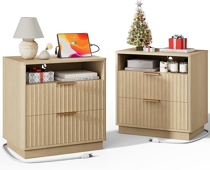 Fluted Nightstand, Night Stand Set 2, 23" Wide Nightstands Set of 2 with Charging Station, 2 Drawers Large End Table w/Storage, Modern Bedside Table for Bedroom, Curved Corners, Natural Oak by FavourLife