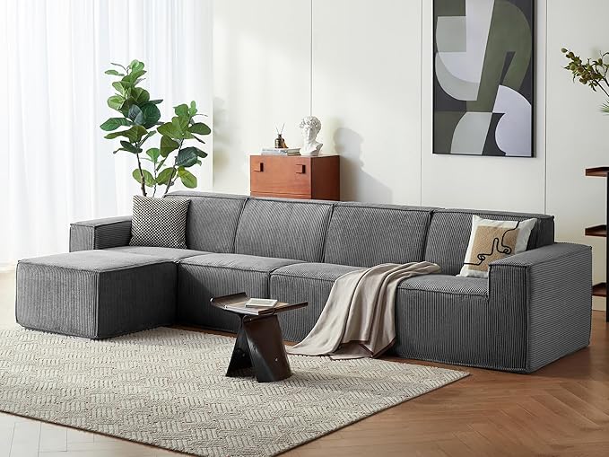 LINSY HOME Modular Sectional Sofa, 134" Boneless Couch L Shaped 4-Seat Sofa with Movable Ottoman, Corduroy Sectional Cloud Couches for Living Room, No Assembly Required, Bluish Grey