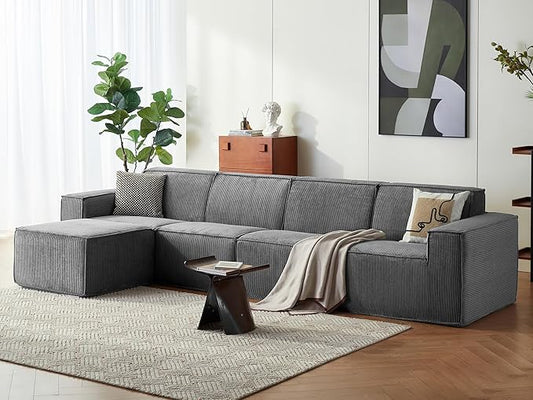 LINSY HOME Modular Sectional Sofa, 134" Boneless Couch L Shaped 4-Seat Sofa with Movable Ottoman, Corduroy Sectional Cloud Couches for Living Room, No Assembly Required, Bluish Grey