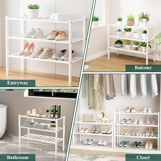 Smiry Shoe Rack, 4 Tier Bamboo Shoe Organizer, Stackable Free Standing Wooden Shoe Storage Shelf for Closet, Entryway, Front Door Entrance, White - Image 7