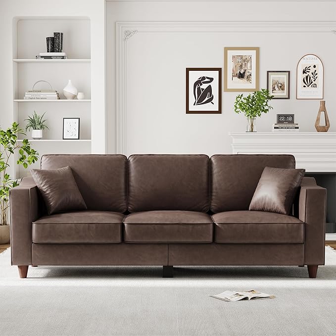 3-Seater Sofa Couch with 2 Throw Pillows, 85 Inches Faux Leather Couch with Wide Armrests, Deep Seats, Wood Legs, Back Cushion, Sturdy Support Feet, Couches for Living Room, Office, Dark Brown