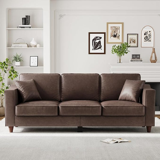 3-Seater Sofa Couch with 2 Throw Pillows, 85 Inches Faux Leather Couch with Wide Armrests, Deep Seats, Wood Legs, Back Cushion, Sturdy Support Feet, Couches for Living Room, Office, Dark Brown