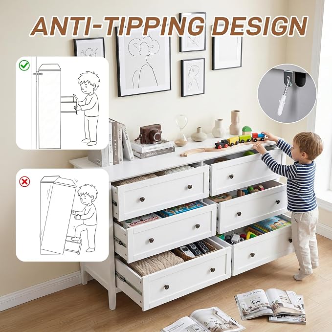 Karl home 6 Drawers Dresser for Bedroom, White Wood Dresser with Double Handle, Farmhouse Tall Chest of Drawers, Storage Organizer for Living Room, Closet, Hallway - Image 3