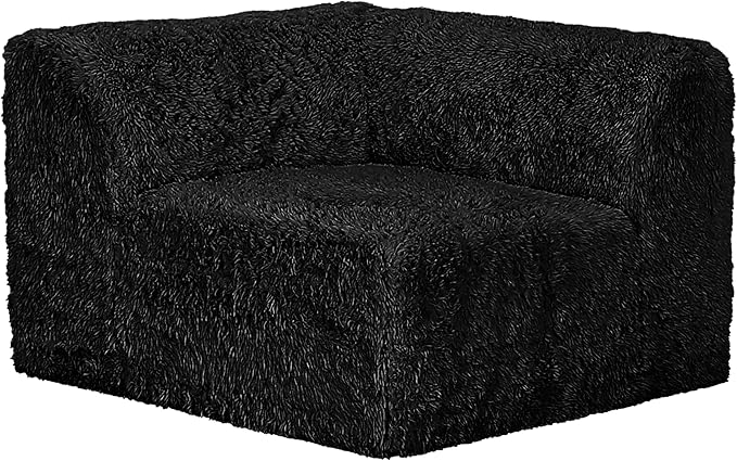 Furniture of America Havyn Modern Faux Fur 7-Seater L-Shaped Modular Foam Sectional Sofa with Ottoman, Compressed Couch in a Box, No Assembly Required, for Living Room and Office, Black