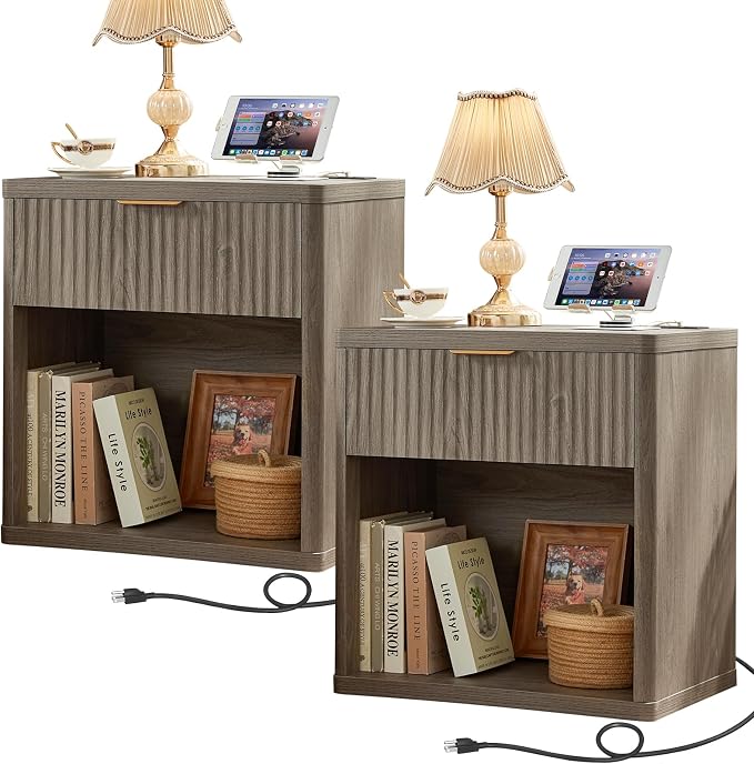 LEYAOYAO Fluted Farmhouse Nightstand Set of 2 with Charging Station, 23" Wide 1 Drawers End Table,Grey Dresser for Bedroom,Bed Side Table Chest of Drawers Cabinet,Wood Night Stand for Living Room by LEYAOYAO-Findtheshiningpointofyourideallife%EF%BC%81