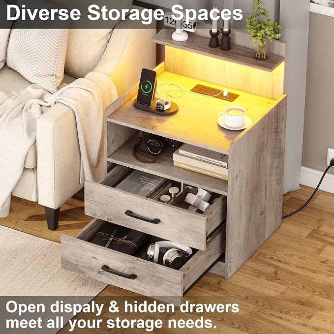 Nightstand Set of 2 with Charging Station and LED Lights, Bedside Table with 2 Drawers and Open Storage Shelf, 2 USB Ports and 2 AC Outlets, LED Night Stands for Bedroom Set of 2, Grey - Image 5