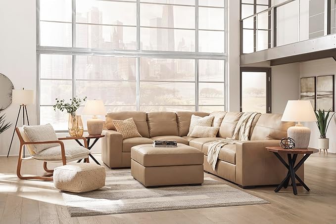 Signature Design by Ashley Bandon Modern Leather Match Left-Arm Facing 3-Piece Sectional with Removable Cushions and Armrest, Light Brown