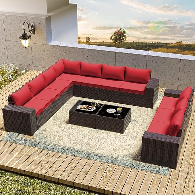 12 PCS Outdoor Patio Furniture Set,Outdoor Sectional Furniture All Weather PE Rattan Wicker Patio Conversation Set with 2 Coffee Tables and 10 Thickened Cushions,Red
