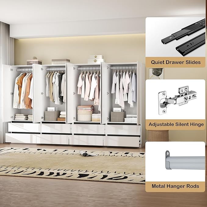 Large Wardrobe Closet with 8 Doors: 75" White Armoire with 8 Drawers, Wooden Wardrobe for Hanging Clothes, Tall Storage Cabinet with Shelves and Hanging Rod (A+A+A+A, 126")