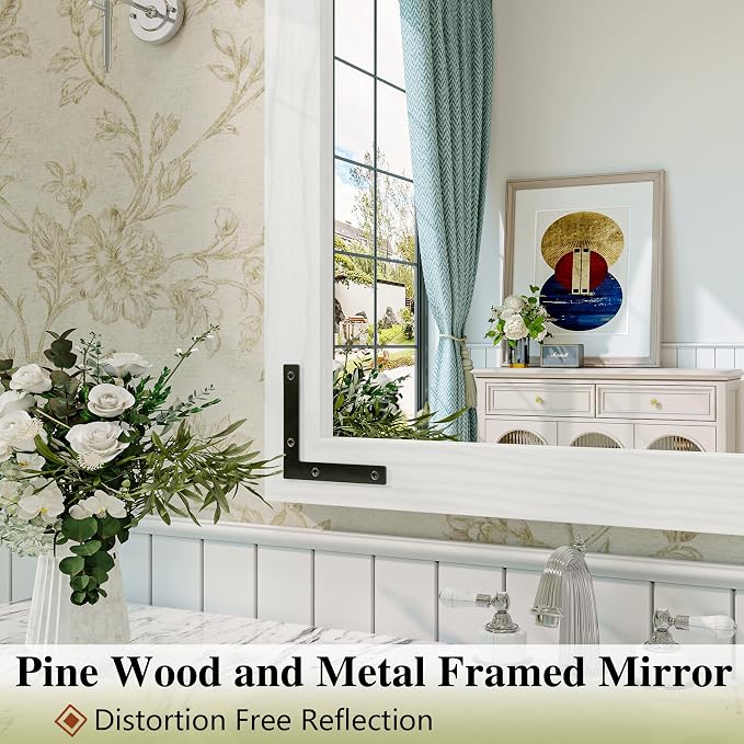 White Farmhouse Bathroom Mirror, 40x30 Inch White Wooded Framed Vanity Mirror for Wall, Rectangular Rustic Wall Decor Mirrors for Entryway Living Room Bedroom - Image 3