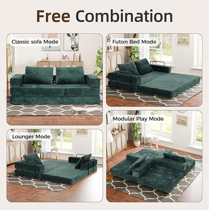 Convertible Sofa Bed, 4-in-1 DIY Combination Modular Couch with Pillows, Comfy Boneless Sleeper Sofa Bed with Fixed-Shape Frame, Chenille Convertible Lounge Couch for Living Room, Green