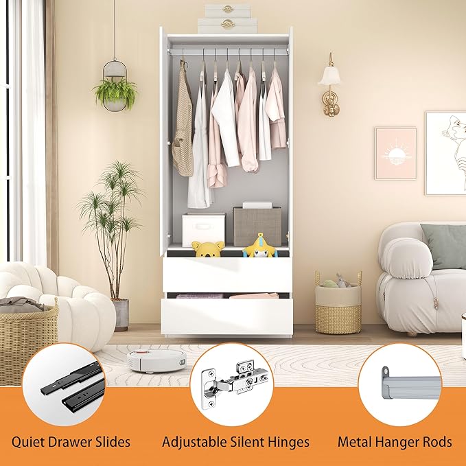 White Armoire Wardrobe Closet with 2 Doors, 75" Bedroom Wardrobe Closet for Hanging Clothes, Modern Wood Storage Closets Cabinet with System (B+A+B, 94.5")