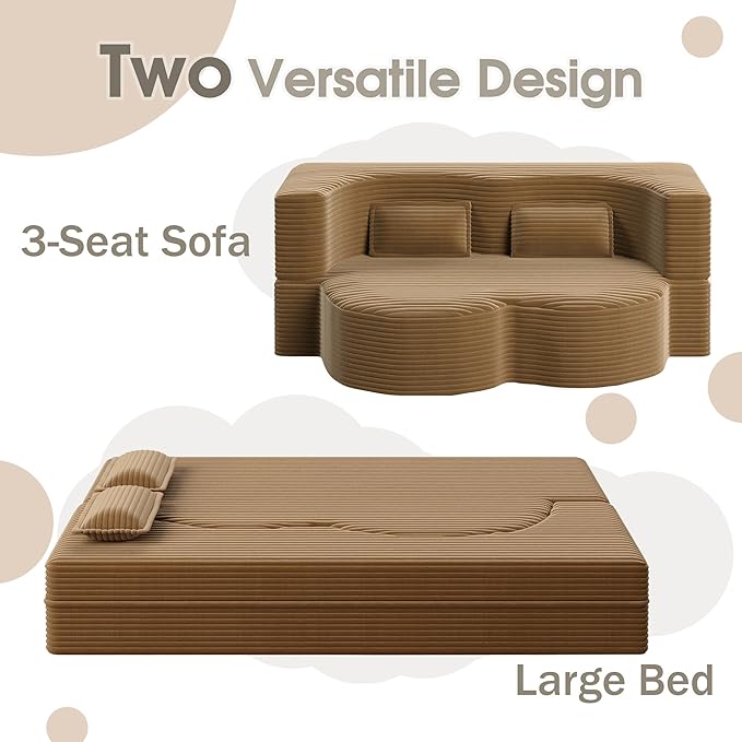 78" Convertible Sofa Bed, 2-in-1 Folding Floor Couch with 2 Pillows, Sleeper Sofa for Living Room and Bedroom, No Assembly Required (Camel, Corduroy Fabric)