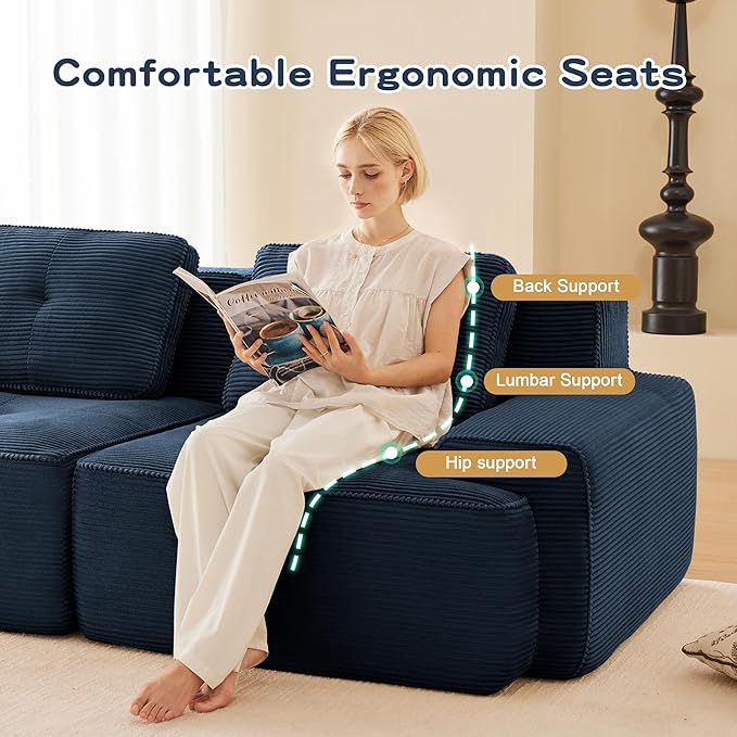 Casaphoria 115'' Boneless Sofa with Ottoman, 3-Seater Modular Couch with 3 Pillows for Living Room, L Shape Cloud Sectional Sofa, No Assembly, Blue