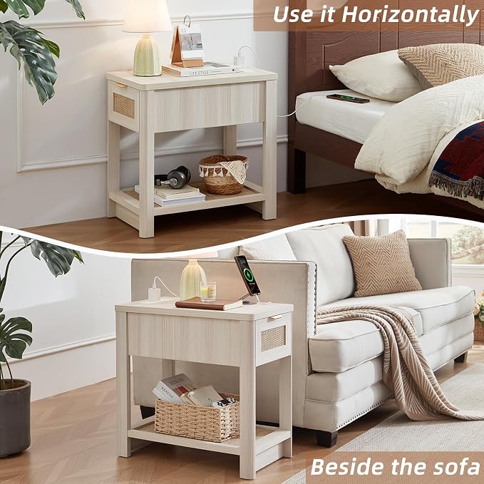 Lerliuo Narrow Night Stand Set of 2 with Charging Station, Boho Nightstand with Drawer, Bed Side End Table with Rattan Shelf for Small Spaces, Wood Nightstands Bedside Tables for Living Room Bedroom - Image 7