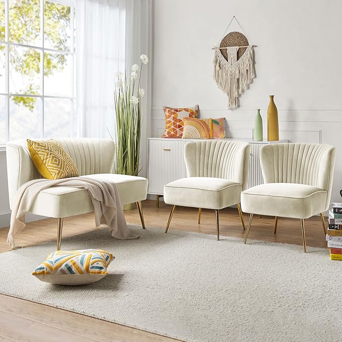 HULALA Home 3 Piece Velvet Living Room Furniture Set, Modern Comfy Upholstered Chair Set with Golden Legs, Include Loveseat & 2 Accent Chairs for Bedroom, Ivory Tufted 2-Seater Sofa & Armless Chairs