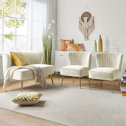 HULALA Home 3 Piece Velvet Living Room Furniture Set, Modern Comfy Upholstered Chair Set with Golden Legs, Include Loveseat & 2 Accent Chairs for Bedroom, Ivory Tufted 2-Seater Sofa & Armless Chairs