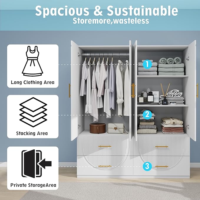 Wooden Armoire Wardrobe Closet：Large Wardrobe Closet with 2 Doors, 2 Drawers for Tall Cabinet, Wardrobe Cabinet for Bedroom with Hanging Rods, Golden Handle, White