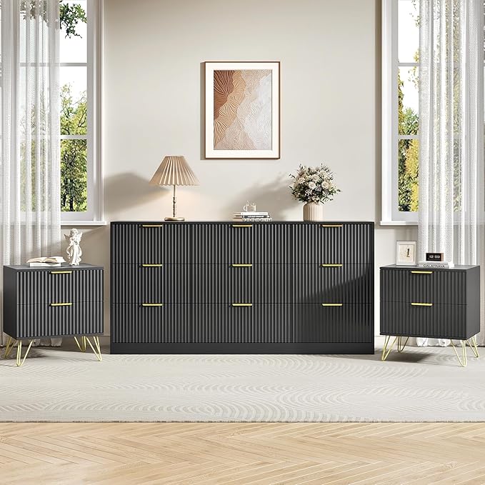 9 Drawer Dresser and Nightstand Sets for Bedroom, 3 Pcs Bedroom Set，Night Stand Set of 2 & 9 Drawer Dresser with Gold Handles, Modern Wood Chest of Drawers Storage Cabinet Set, Black
