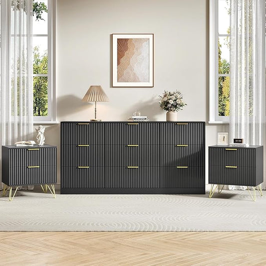 9 Drawer Dresser and Nightstand Sets for Bedroom, 3 Pcs Bedroom Set，Night Stand Set of 2 & 9 Drawer Dresser with Gold Handles, Modern Wood Chest of Drawers Storage Cabinet Set, Black