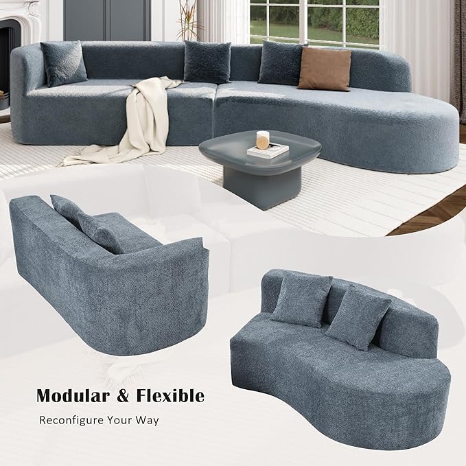Merax Modern Minimalist Large 2-Piece Sectional Curved Chenille Sofa with 3 Pillows and High-Density Foam for Luxurious Comfort and Seamless, for Living Room, Bedroom, Blue