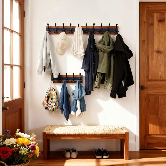 SKOLOO Rustic Wall Mounted Coat Rack - 16-7/8" Long Coat Hooks for Wall with 5 Triple Hooks for Hanging Coats, Hats or Tools, Western National Parks Collection, Wood Brown & Blue, Pack of 2 - Image 5
