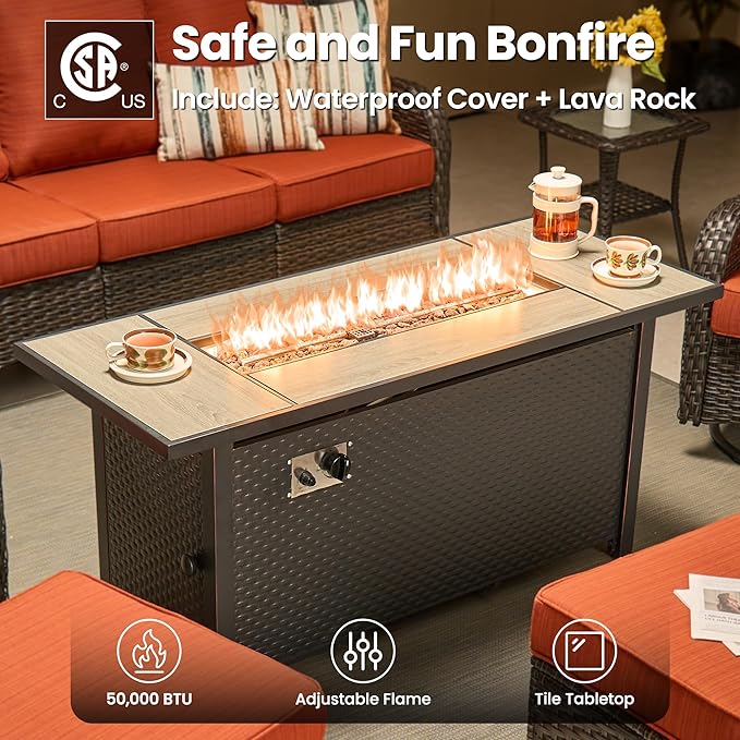 ovios 10-Piece Patio Furniture Set with Swivel Chairs Coffee Table, Outdoor Wicker Sofa with 54" Fire Pit Table, High Back Couch Modern Conversation Sets, Brown/Orange Red