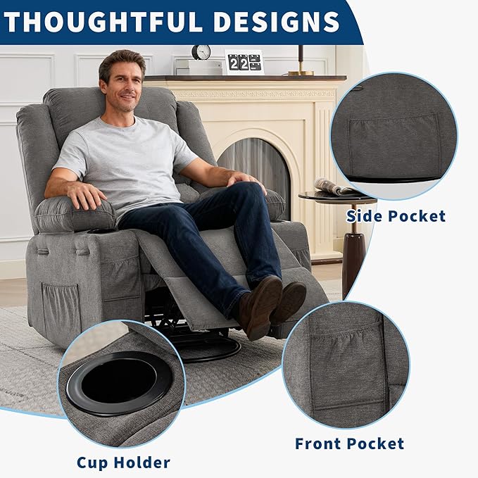 Rocking Recliner Chair for Adults Wide 360° Swivel Rocker Recliner with Cup Holder Nursery Glider with Upholstered Deep Seat Linen Lazy boy Chair for Living Room Grey