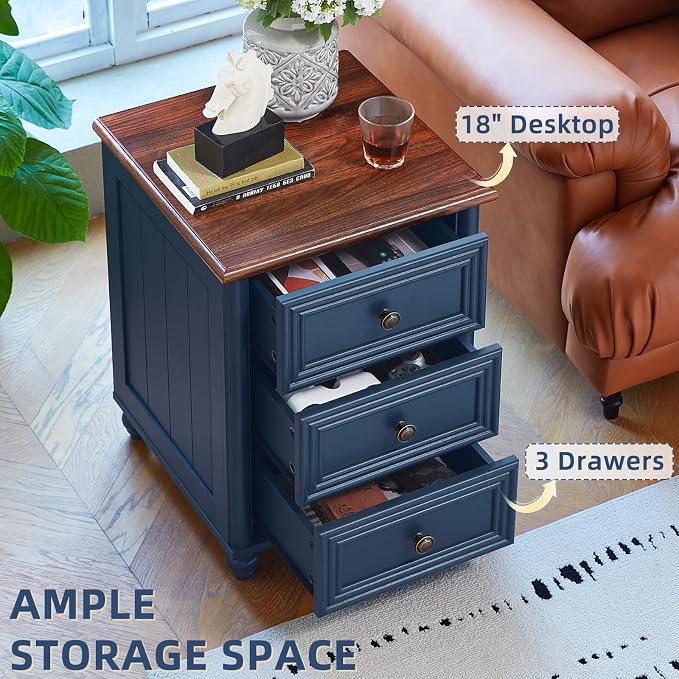 RWYHG 18" Farmhouse Night Stand Set of 2, Blue Wood Nightstand with 3 Drawers, Bedside End Table with Storage and Roman Column, Bed Side Tables Cabinet for Bedroom, Living Room, and Closet - Image 5
