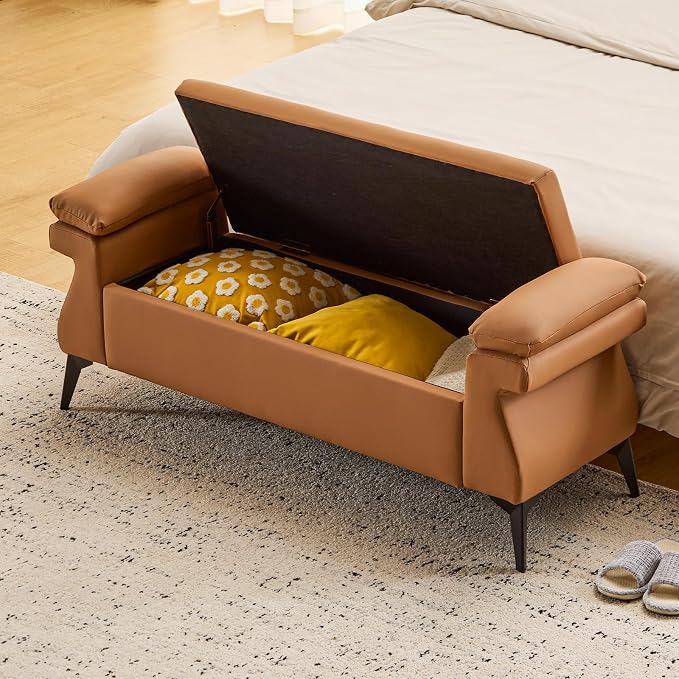 Furniliving 51” Storage Bench, End of Bed Bench with Armrest Cushion Large Upholstered Storage Ottoman Leather Window Bench with Storage Shoe Cabinet Bench, for Bedroom, Entryway, Brown - Image 9