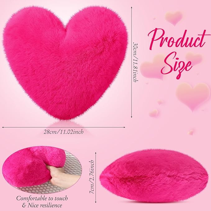 Marsui 2 Pcs Heart Throw Pillows, Soft Fluffy Faux Fur Decorative Hearts Shaped Pillows for Living Room Sofa Bed, Cute Heart Themed Gift for Women(Rose Red,11.81 x 11.02 Inch)