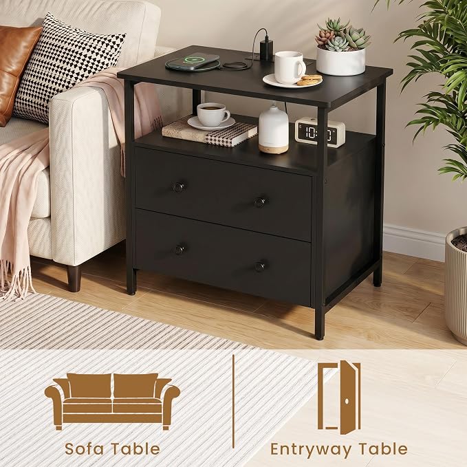 Edbuosy 27 inch Wide Night Stand Set 2 with Charging Station, Bedside Table with Open Shelf, 2 Drawers Small Wood Dresser, Modern Wood Nightstand for Bedroom/Living Room (Black) - Image 6