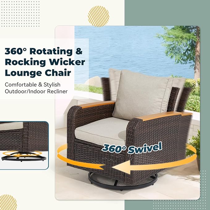 6 Pieces Patio Furniture Sets with Swivel Chairs, Wicker Outdoor Furniture Set for Porch Deck Bistro Lawn Garden Backyard Poolsid- Brown Rattan/Khaki