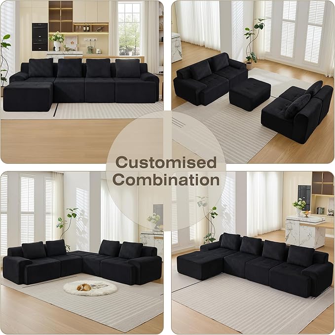 Modular Sectional Sofa, Boneless Couches for Living Room, Corduroy Couch, Big Comfy Couch, Modular Cloud Sofa with Deep Seat (Black, 5 Pieces-L Shape)