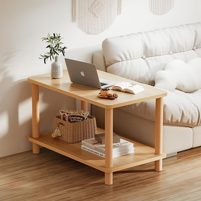 2 Tier Coffee Table Low Table with Solid Wood Legs, Japanese Coffee Table for living Room, Side Table Sofa Table, Floor Table Desk for Sitting on The Floor, Storage Shelf Furniture for Office, Natural
