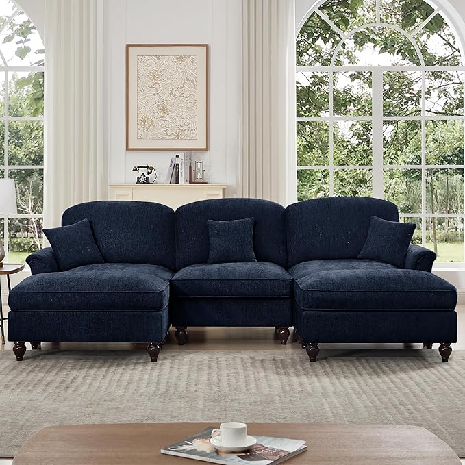 KEIKI Mid Century Modular Sofa with Flared Arms and Skirted Design, 107” Oversized 3-Seater with 2 Ottomans Luxury Chenille U-Shaped Sectional Couches for Living Room, Chaise Lounge Indoor, Blue