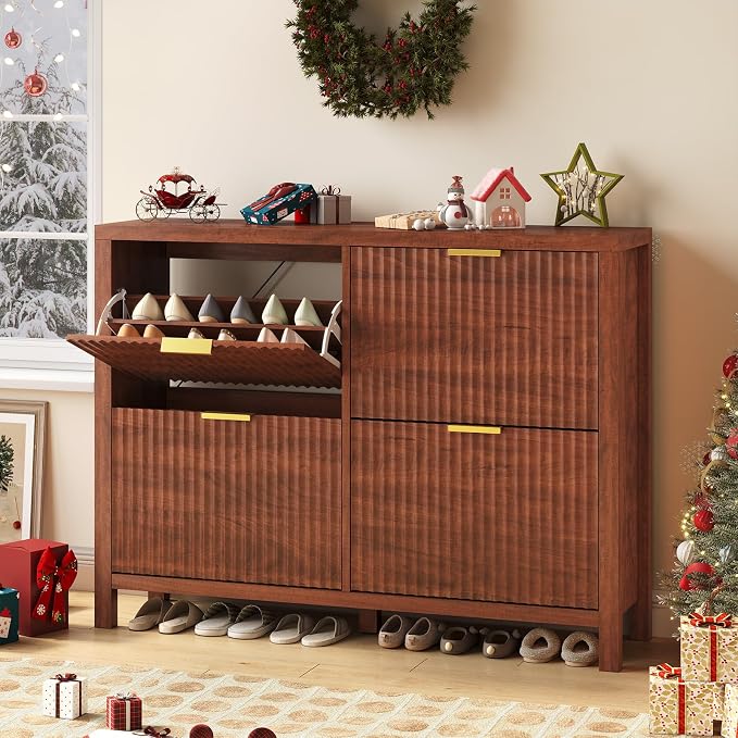 YOMILUVE Shoe Cabinet Storage for Entryway, Fluted Walnut Shoe Cabinet with 4 Flip Drawers, Hidden Shoe Rack Freestanding Wooden Shoe Organizer with Legs for Hallway - Image 3