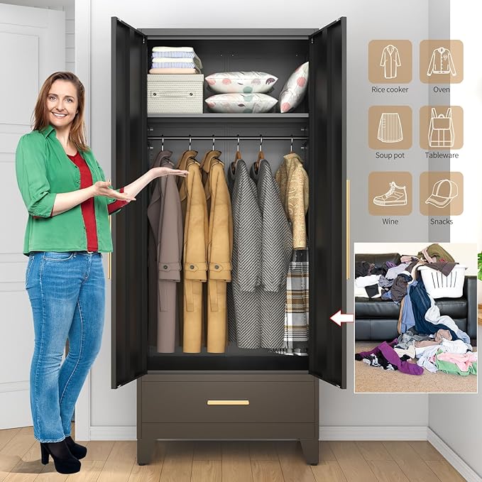 75.3" Tall Metal Armoire Wardrobe Closet with Mirror Doors and Drawer, Adjustable Hanging Rod and Adjustable Shelf, Freestanding Storage Cabinet Organizer for Bedroom, Office, Laundry Room, Black