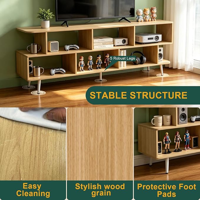 65" Walnut TV Stand with Power Outlet, Large Media Console Table for TVs up to 75" with 8 Open Shelves, Entertainment Center for Living Room/Entrance/Kitchen/Sofa Cabinet, Easy Assembly - Image 6